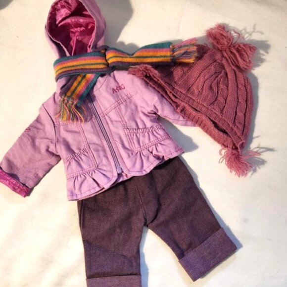 American Girl Doll Outfit Jacket Pants Hat Scarf Set Pink & Purple - Picture 1 of 4